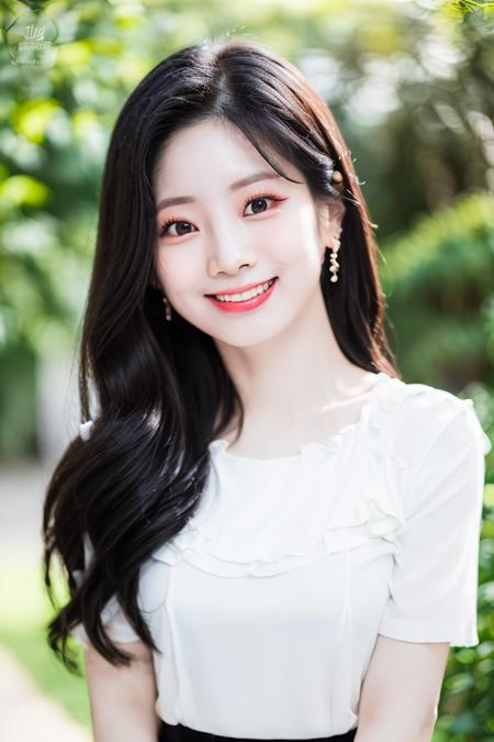 (((dahyunnie, dahyun)), ((8k, best quality, masterpiece:1.2), (realistic, photo-realistic:1.37),best quality,masterpiece,unity,an extremely delicate and beautiful,extremely detailed,Amazing,finely detail,masterpiece,best quality,official art,absurdres,incredibly absurdres,huge filesize,ultra-detailed,highres,beautiful detailed girl, slim body, outdoor, nature, ((looking at viewer)), black hair, white tshirt, ((black eyes)), smile, upper body, portrait,  <lora:xelor_TwiceDahyun_2.0:0.8>