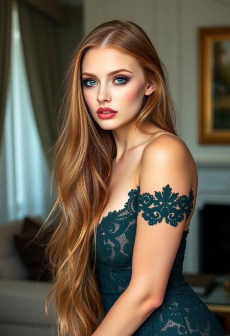 a gorgeous 20 years old Caucasian woman, very pale flawless skin, very long ginger hair flowing freely, long brown eyelashes, brown mascara, blue eyeliner, big green eyes, peach smokey eyes eyeshadow, luscious sensual cherry glossy lips, rosy rouge, sexy elegant curves, long dark green sexy lace dress, leaning to side sensually, looking at viewer sensually and dominantly, luxury living room