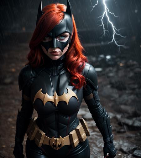 from above, portrait of batgirl, hair red, in heavy power armor, mask black complete, night, rain, cape black, pauldrons, glowing eyes, lightning, film grain