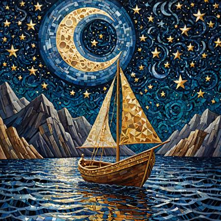 Illuminated ("The moon, a silver boat, sails through the sea of stars, painting dreams on the night sky.":1.2) , Suffering, hillside, Cubism, side lit, Selective focus, Kodachrome, gilded technique, Batik