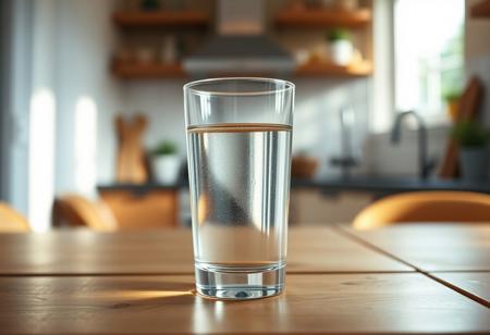 glass of water over a wood table, symmetrical right light, deep of field of a kitchen at the background, photo realistic, photography studio style