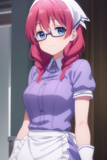 miuamano, <lora:miu amano s1-lora-nochekaiser:1>,
miu amano, long hair, bangs, blue eyes, braid, red hair, glasses, twin braids, semi-rimless eyewear, under-rim eyewear, smile,
BREAK skirt, shirt, thighhighs, gloves, short sleeves, pleated skirt, glasses, puffy sleeves, white gloves, apron, white thighhighs, puffy short sleeves, waist apron, purple skirt, purple shirt, waitress, head scarf,
BREAK indoors, restaurant,
BREAK looking at viewer, (cowboy shot:1.5),
BREAK <lyco:GoodHands-beta2:1>, (masterpiece:1.2), best quality, high resolution, unity 8k wallpaper, (illustration:0.8), (beautiful detailed eyes:1.6), extremely detailed face, perfect lighting, extremely detailed CG, (perfect hands, perfect anatomy),