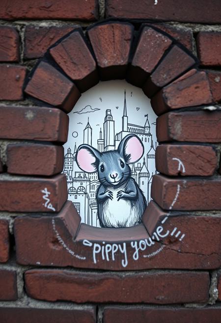 A painted mouse peers through a keyhole in a real brick wall, behind which a fantasy city is sketched in chalk, conceptual street art meets whimsical illustration, poetic minimalism, surreal visual metaphors, expressive linework, narrative humor, subtle melancholy, anthropomorphic figures, imaginative urban interventions, hand-drawn textures, clever social commentary, childlike spontaneity, delicate ink illustration, playful distortion, quiet surrealism, minimal color palette, dreamlike simplicity, emotional storytelling through small gestures, visual puns and irony