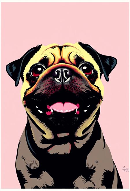 A pop art image of the happiest little pug you've ever seen in the style of Andy Warhol