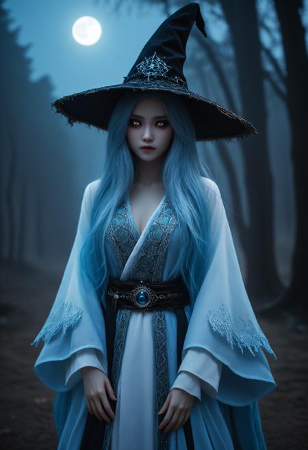 cinematic photo Tilt-shift photo of  <lora:Abstract Concept-Chaos:0.25>, . , .Selective focus, highly detailed, vibrant, perspective control,, <lora:Waifu Style-Du Qiong-000008:0.25>,Du Qiong,, dark fantasy horror theme,dark fantasy concept art,artificial construct,ranni the witch,renna of elden ring,lunar princess ranni,realistic living porcelain doll,very long hair,knee-length hair,flowing silver-blue hair,one-eyed,bright pale blue luminous eye,four arms,wearing heavy layered robes with intricate embroidery,large slightly tattered witch hat,ethereal,ghostly,moonlit,whitish glow,uncanny,cold,enigmatic aura,small frame,petite,slender, . 35mm photograph, film, bokeh, professional, 4k, highly detailed