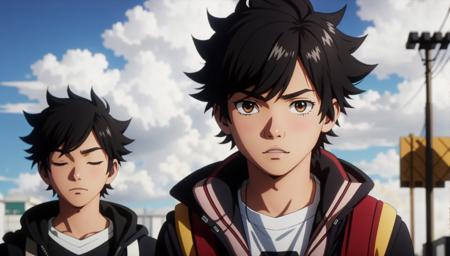 Pokemon Gotcha Style, black hair, sweatdrop, multiple boys, one eye closed, blurry, 1girl, short hair, brown hair, black eyes, holding, jacket, kamijou touma