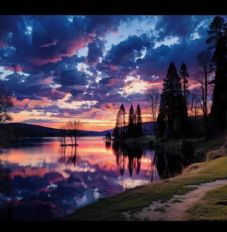 there is a beautiful sunset with a lake and trees in the background, colorful skies, surreal colors, colorful sunset, colorful sky, marvellous reflection of the sky, stunning sky, dream like atmosphere 8k, colorful clouds, colors reflecting on lake, surreal sky, red and blue reflections, fire reflection, beautiful sky, beautiful and spectacular dusk, beautiful dreamy landscape, amazing sky