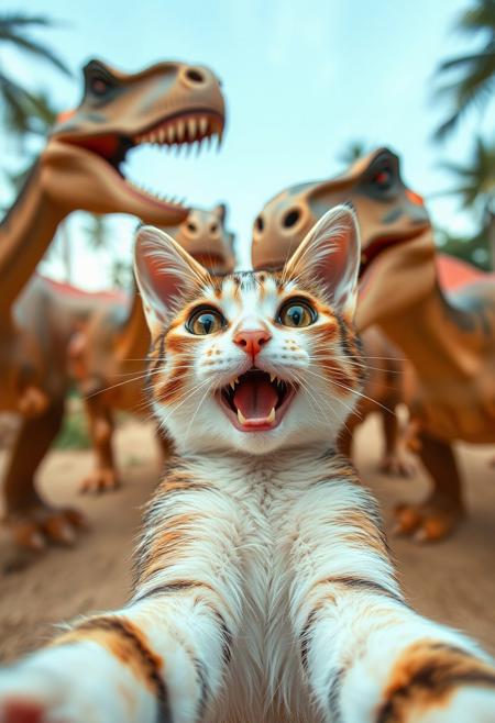 a single excited cute cat taking a selfie with a group of dinosaurs.