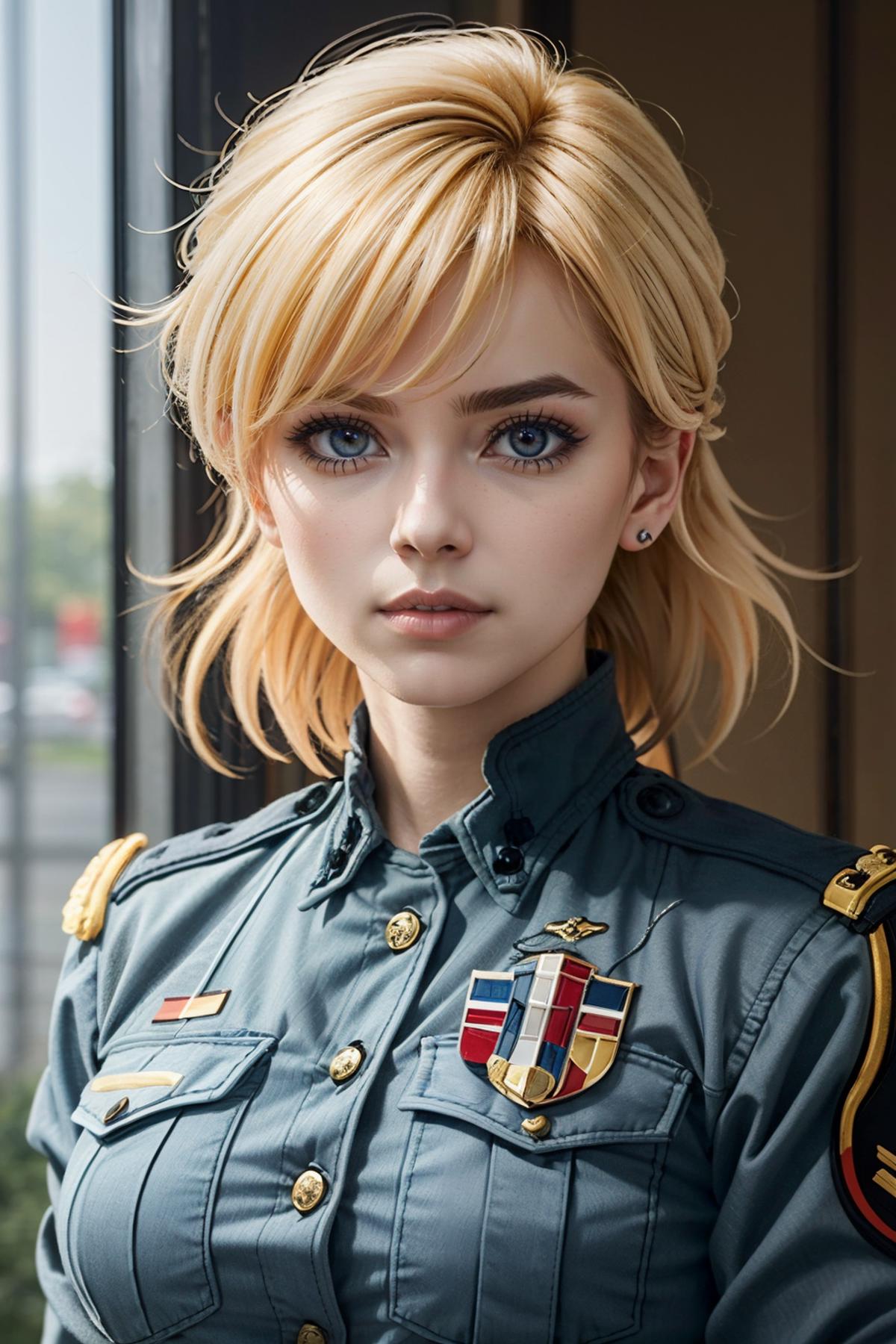 A young woman with blonde hair wearing a military uniform.