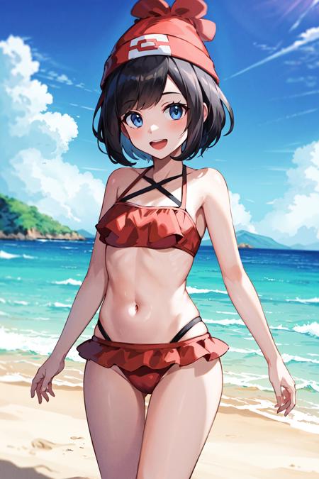 masterpiece, best quality, highres, selene1, 1girl, selene \(pokemon\), solo, hat, blue eyes, black hair, red headwear, beanie, short hair, <lora:selene_(pokemon)_v1:0.6>, frills, frilled bikini, beach, smile, open mouth, caustics, sidelighting,