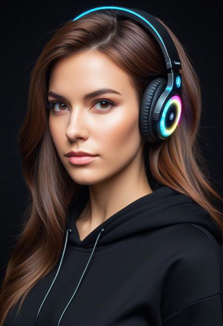 masterpiece, best quality, good quality, very aesthetic, absurdres, newest, LED, colorful LED lights, beautiful women with brown hair. wearing a black hoodie and black LED headphone, earrings, solid black background, looking at viewer, upper body focused, perfect face, detailed face,