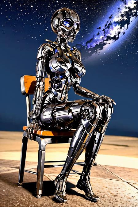 ((view from left side):1.2) explosions in the background, night sky, (Sitting on a chair with legs crossed and hands resting on lap:1.2) (Realisitc:1.5) woman T-X, gigantic breasts, big ass, <lora:EdobT-X_v1.0:0.8>