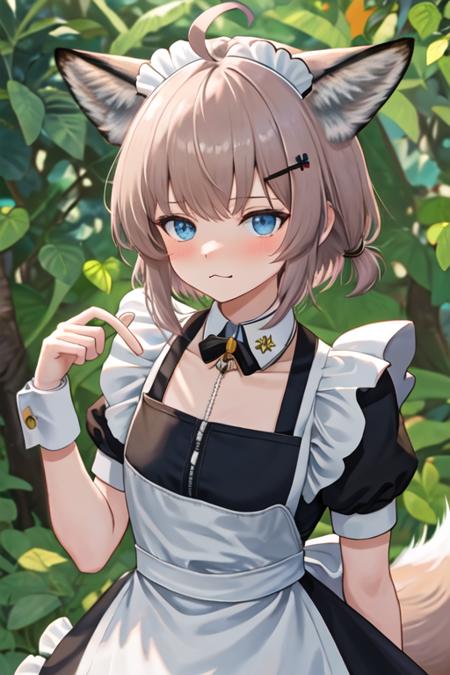 best quality, masterpiece, highres, solo, {maid:1.40}, {long maid dress:1.15}, {sussurro_arknights:1.15}, animal_ears, fox_ears, ahoge, blue_eyes, bangs, short_hair, oripathy_lesion_\(arknights\), brown_hair, fox_girl, upper_body, animal_ear_fluff, closed_mouth, blush