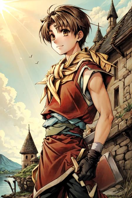 RiouSuikoden,1boy, solo,  yellow scarf, red tunic, black pants,  standing in front of a medieval castle, happy, island, sunlight, <lora:Riou_Suikoden2V1.6:1>