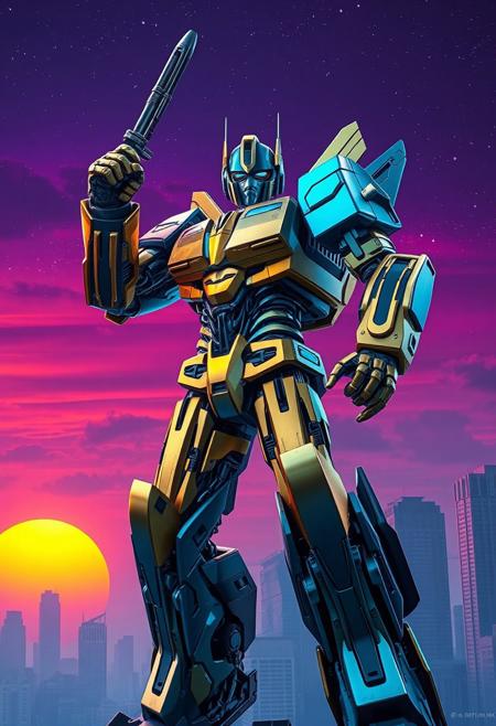 gold and blue transformer heroic pose, photograph with a purple sky, cosmic stars, an orange and blue synthwave sun background. Slightly turned. Damascus steel. Ultra-detailed. Hyper-realistic. Metal city landscape