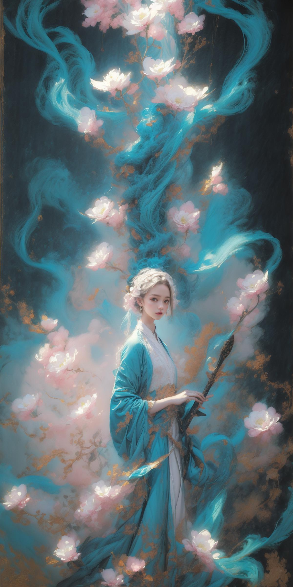 A woman in a blue dress holding a wand surrounded by flowers.