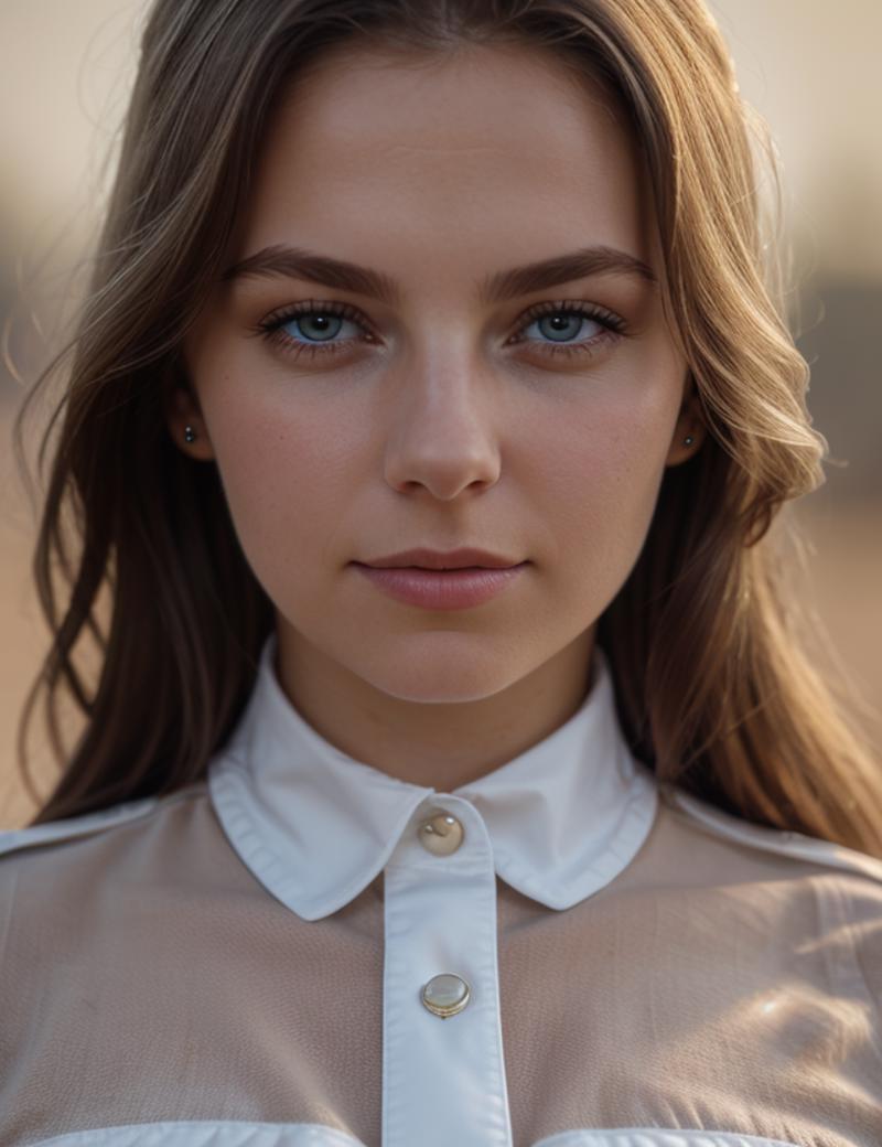 A young woman with brown hair and blue eyes wearing a white shirt.