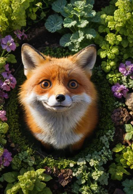 amazing quality, masterpiece, best quality, hyper detailed, ultra detailed, UHD, perfect anatomy, dof, portrait,  awesome, inspiring,  Expressiveh, realistic, high quality, 4K, absurd resolution, incredibly detailed, masterpiece, sharp, (too cute fox house garden:1.6), (so cute:1.5), (big round eyes, cute eyes:1.7), happy, extremely detailed, no humans, extremely detailed scales, sunlight, realistic, high quality, detailed, shadows, glowing, bright colors, high contrast, vivd lighting, cinematic composition, soft shadows, national geographic style, (view from above), (close up:1.4)