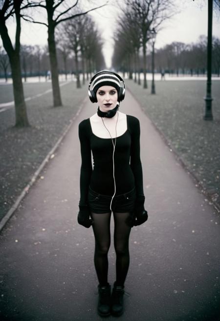 goth girl,winter hat, headphones,tanktop,(beautiful face,exquisite face,skin texture:1.2), (ultra-wide angle:1.3),   pale skin, full body shot, (masterpiece,best quality,ultra high res:1.2),(photo-realistic:1.3),paris, day, mood, polaroid color 600 black and white film, faded, blurry, motion blur, ((grainy))