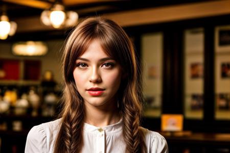 A pretty and beautiful North European young woman, happy, supermodel look, light brown hair, long wavy shiny hair, pale skin, slim eyebrows, perfect face, small nose, big blue eyes, slim red lips, big tits, nice breasts, cleavage, classiical german bavarian dress, is participating at Octoberfest. Standing at big beer house at traditional Octoberfest atmosphere, full of people. Bright lights, epiCPhoto, UnrealisticDream, <lora:pytorch_lora_weights:0.6>, <lora:picxer_real:0.4>, <lora:FilmVelvia3:0.3>, <lora:more_details:0.9>