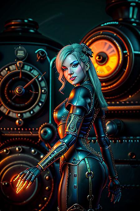 "A whimsical humanoid AI in a steampunk universe, her mechanical features crafted with brass, gears, and clockwork, delicately fused with organic materials like wood and lace. She wears a victorian-inspired dress with intricate designs, holding a glowing gear-shaped artifact. Her expression is serene, her blue eyes reflecting the light of a glowing steam engine in the background. Art style: vibrant and detailed, with warm metallic tones and vintage aesthetics.
NEG_EMBED_STABLE_YOGI_V3, cyberg1gerng, cyberg1gerng face,
