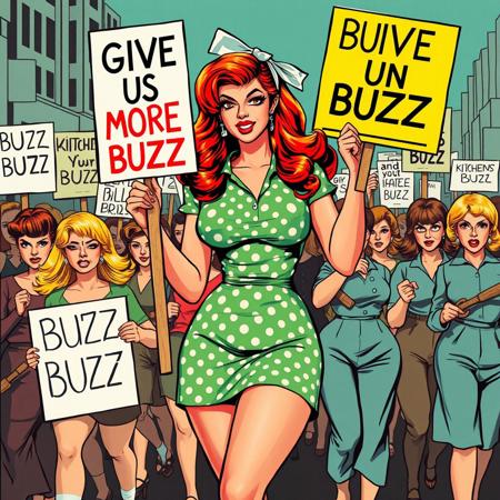 Retro pin-up poster depicting a feminine curvy woman leading a protest march, clad in 1960s style green polkadots mini dress, ribbon over her ombre long hair (ginger to copper, orange, auburn),, holding a sign that says "GIVE US MORE BUZZ".
Many angry women, holding placards demanding BUZZ, some (carrying <kitchen utensils, rolling pins, large tools>)