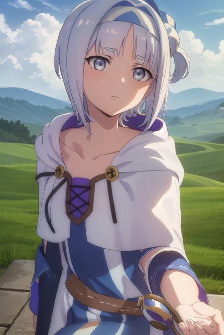 synelokk, <lora:syne lokk s3-lora-nochekaiser:1>,
syne lokk, short hair, bangs, hair ornament, white hair, hairband, side ponytail, (grey eyes:1.3),
BREAK collarbone, hood, cloak,
BREAK outdoors, forest, nature, sky, sun, clouds, trees, grass,
BREAK looking at viewer, (cowboy shot:1.5),
BREAK <lyco:GoodHands-beta2:1>, (masterpiece:1.2), best quality, high resolution, unity 8k wallpaper, (illustration:0.8), (beautiful detailed eyes:1.6), extremely detailed face, perfect lighting, extremely detailed CG, (perfect hands, perfect anatomy),