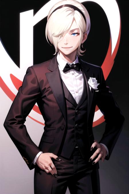 <lora:AshCrimson-09:0.7> ,ashkof, solo, smile, blue eyes, blonde hair, 1boy, bow, flower, male focus, hairband, pants, bowtie, nail polish, hair over one eye, vest, hand on hip, rose, formal, suit, white flower, black background, black nails, androgynous, freckles, white rose, traditional bowtie, tuxedo