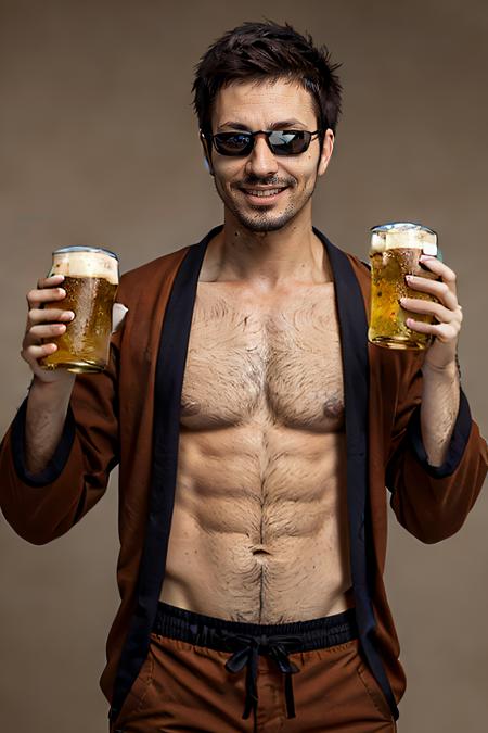 best_quality, masterpiece, 1man, (brown_haori:1.1), brown_sport_pants, japan, dark_glasses, short_hair, bare_belly, small_beard, holding_beer, (happy_face:1.3), <lora:Taizou_Hasegawa_MADAO:1>,