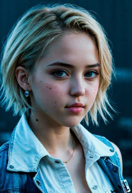 Photo Taken by Canon EOS 5Ds / 5Ds R ISO Noise 600, full body photo cute female(facing forward) in space, (messy med Blonde hair, misty ocean eyes, peach skin, round face, turned up nose-shape, innocent face, Android skin((inspired by cyberpunk 2077 Android)), Mecha phrostetic arms, cyberpunk humanoid Robot), charming stare, pink peach blush on, soft pink lipsticks, water drop-shaped blue diamond earrings, in long white shirt layered blue denim jacket((sleevesless)), Blue denim skirt, 80s style, detailed skin textures, hyper detailed eyes, hyper detailed eyebrows, detailed lips, overall extreme detailed, 1200 DPI, uncropped head, Robot Skin, Android Skin, JuggernautNegative, Movie Still, Film Still, Cinematic, Cinematic Shot, Cinematic Lighting, OverallDetail