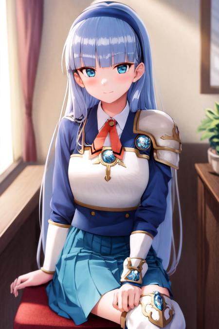 masterpiece, best quality, highres, 1girl umi ryuuzaki hairband, armor shoulder armor blue skirt, knee boots <lora:umi_ryuuzaki_shoulder_armor:1> sitting on chair