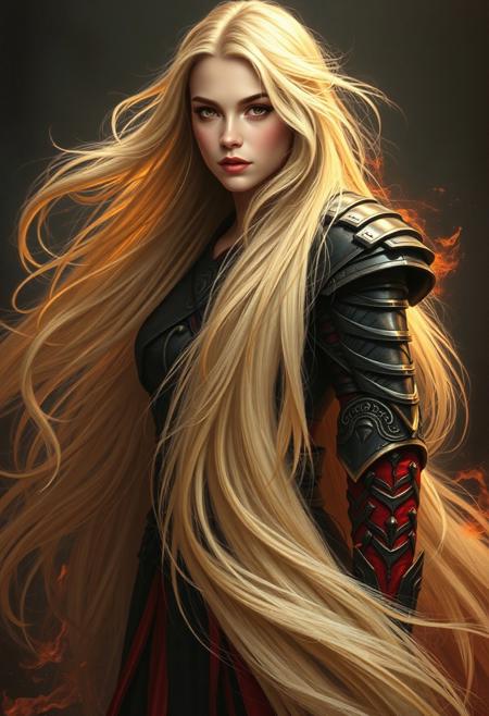 A blonde woman with long hair wearing black and red armor, flowing in the wind like flames of fire, in the style of Alex Alemany. This fantasy art style painting features high detail, high resolution, perfect details, perfect colors, a dark background, cinematic lighting, a beautiful composition, detailed, high definition, sharp focus, intricate details, hyper-realistic, super detailed, very professional, and very smooth
extremely long hair, 100-feet of hair, super long hair, real rapunzel, rapunzel, rapunzel long hair, hair fetish, hair job, Dreamgirl, Goddess, gorgeous, amazing hair, longest hair, perfect hair, longest hair ever, hairstyles, hairstyling, hair, Debra Jo hair, extreme hair, extreme long hair, extremely long hair, Debra Jo, extreme longest hair, voluminous hair, thick and luxurious hair which is hangs to the floor and covers it. Her expression radiates confidence as she shows off her thick, luscious locks. super thick soft luxurious long lush sleek heavy voluminous cascading pendulous ultra silky pendulous shampoo commercial hair dragging the ground, around her on floor, hair piles behind her on floor