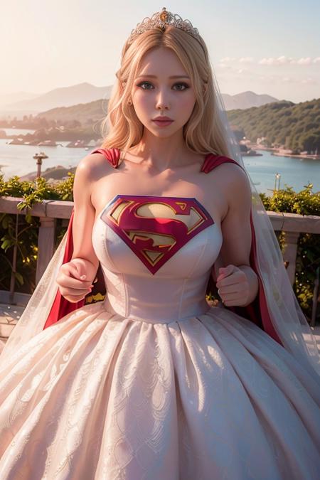 <lora:betterCuteAsian03:0.3>, (supergirl wedding dress,wearing wedding princess dress, wearing supergirl_cosplay_outfit:1.3), sunset, 
good hand,4k, high-res, masterpiece, best quality, head:1.3,((Hasselblad photography)), finely detailed skin, sharp focus, (cinematic lighting), night, soft lighting, dynamic angle, [:(detailed face:1.2):0.2], medium breasts, outside, <lyco:supergirl_wedding-10:0.4>