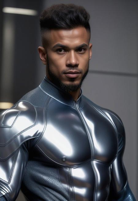 a strong 32-year-old brazillian male with brown skin, with undercut hair, glazed face, ((((((hypnotized expression)))))), wearing a skin tight latex jockstrap over his latex suit, wearing a skin tight gray latex cybernetic suit with dark-gray and silver latex details, standing at attention posture,  inside a modern university futuristic  classroom, looking to the camera, detailed face, Cinematic, Photoshoot, Shot on 25mm lens, Depth of Field, Tilt Blur, Shutter Speed 1/1000, F/22, White Balance, 32k, Super-Resolution, Pro Photo RGB, Half rear Lighting, Backlight, Dramatic Lighting, Incandescent, Soft Lighting, Volumetric, Conte-Jour, Global Illumination, Screen Space Global Illumination, Scattering, Shadows, Rough, Shimmering, Lumen Reflections, Screen Space Reflections, Diffraction Grading, Chromatic Aberration, GB Displacement, Scan Lines, Ambient Occlusion, Anti-Aliasing, FKAA, TXAA, RTX, SSAO, OpenGL-Shader s, Post Processing, Post-Production, Cell Shading, Tone Mapping, CGI, VFX, SFX, insanely detailed and intricate, hyper maximalist, elegant, dynamic pose, photography, volumetric, ultra-detailed, intricate details, super detailed, ambient