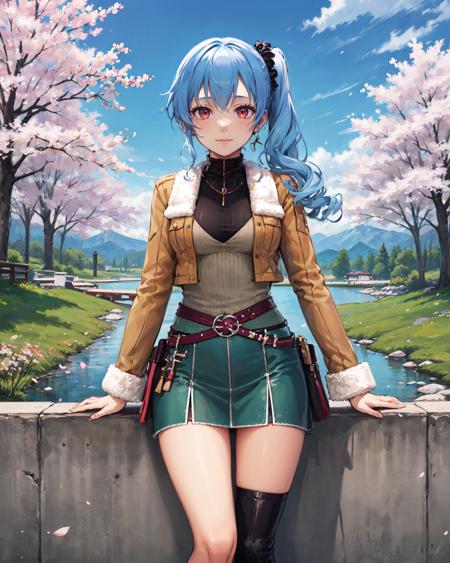 best quality, (masterpiece:1.2), illustration, absurdres,
(1girl), (solo), (beautiful detailed girl),  from below,
<lora:ClaireCasual-08:0.8>, blue hair, side ponytail, scrunchie, red eyes, medium breasts,
brown jacket, fur trim, green top, black collar, green skirt, belt, grey boots,
looking at viewer, gentle smile,
distant mountains, cherry trees, cherry blossom, petals, japanese architecture, river,