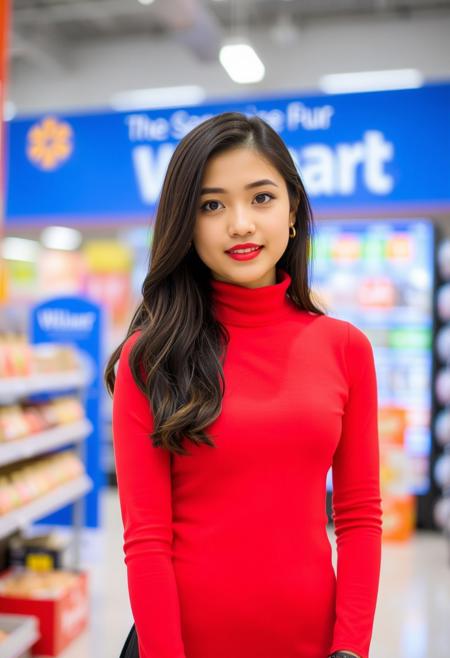 portrait of a young woman pokimane, wearing a red turtleneck dress. She has dark brown hair and brown eyes. She is in walmart, black skirt,