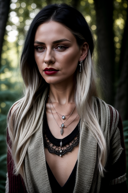 highly detailed, realistic, fine fabric detail, absurdres, highly-detailed, best quality, masterpiece, very aesthetic,
A young woman with striking two-toned hair, black on one side and platinum blonde on the other, styled in a soft, wavy look. She wears dark eyeliner with a winged effect, deep red lipstick, and a subtle labret piercing. Her outfit consists of a cozy, oversized knitted sweater with earthy tones and striped patterns, layered over a black lace top. A handcrafted pendant necklace with a rustic, bohemian style rests on her chest. The setting is an outdoor park with leafless trees and a soft natural glow, creating a dreamy, grunge-inspired aesthetic.
 <lora:extravagance:1>