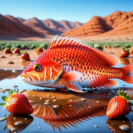 high quality, ultra detailed, sharp focus, vibrant colors, intricate details, watercolor, wet-on-wet, soft edges, pastel tones, granulation, strawberry fish, strawberry fins on foreground, mirrored desert on background,, <lora:Strawberrify>