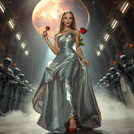 slender arrogant cold femme fatal russian princess wearing  rich  full skirt glossy silver foil  gown, small size opulent glossy red  high heels, jewels, holding red rose in her right hanfd, lifting her skirts with left hand, posing standing, view from below,  evil grin, green eyes, lipstick, giant portal to outer space, fog from the floor, empire spaceship hangar, surrounded by halo odst troopers, TIE spaceships at the background, fashion look, hollywood, vogue makeup, porcelain skin, long haired, ultrathin waisym reminiscent of Lucas, Spielberg styles, with close-up glamour photography and dramatic lighting view from below,