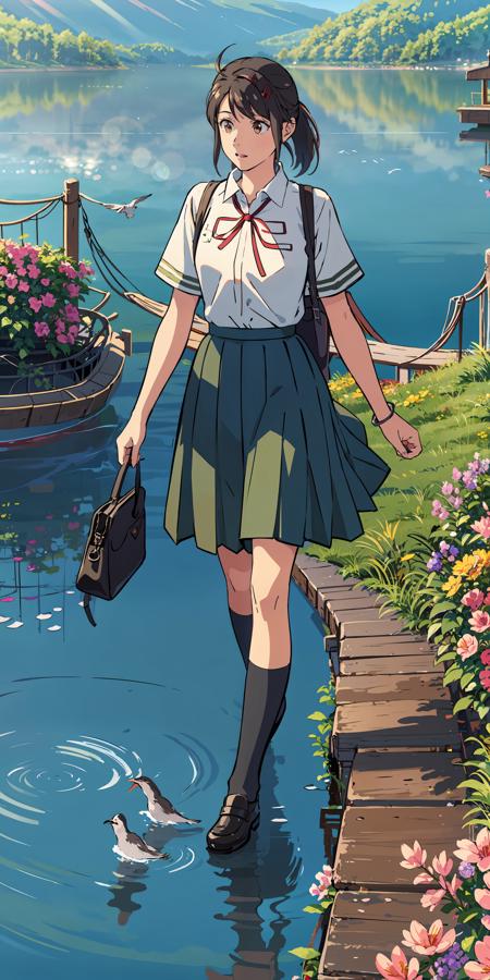 <lora:suzume:0.7>,suzu_me, 1 girl, solo, (standing), full body,looking aside,brown eyes, black hair, hairclip, single drill, red ribbon, short sleeves school uniform,(green school skirt), outdoors,(light rays:1.2),(sun:1.2),(blue sky:1.1), (moutains:1.2),(lake:1.1),(flowers:1.3),lawn,(dock:1.1),(birds:1.1),trees,from above