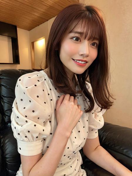 1girl, solo, brown hair, own hands together, indoors, smile, realistic, lips, looking at viewer, upper body, bangs, brown eyes, polka dot, short sleeves, puffy sleeves, couch, medium hair, closed mouth<lora:Saika_Kawakita_v10:0.8>