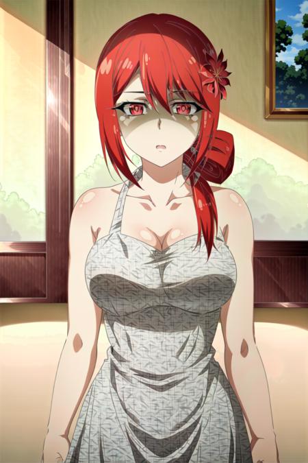 <lora:OGT_Akane_Hiyama-v2:0.8> Akane Hiyama, red hair, solo, 1girl, red eyes, shaded face, long hair, outdoors, looking at viewer, parody, ((masterpiece, best quality)), (((extremely detailed, intricate details, lush detail, insanely detailed face, beautiful light red eyes, shiny skin, sharp eyes))), ((Indoors, dramatic shadows, vibrant colors, backlighting, depth of field, highleg, contrapposto)), (((solo, 1girl, shadow over face, glowing red eyes))), ((medium breasts, hairband, hair ornament, flower, jewelry, hair flower, bare shoulders, bangs, collarbone)), upper body, face focus, Standing outside at night with full moon