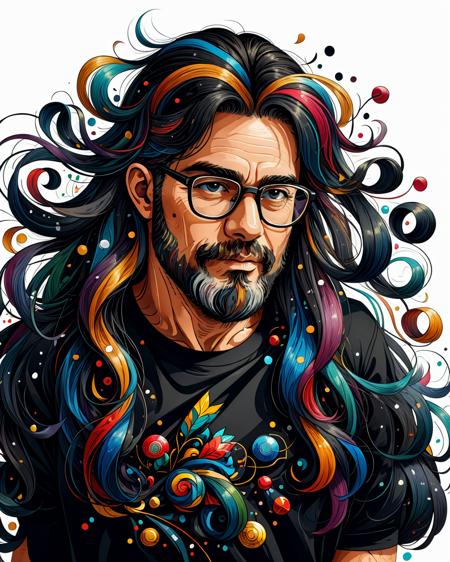 masterpiece, best quality, a 50yo man long haired and bearded, with glasses, a black T-shirt, white background, looking at viewer, simple background, solo, upper body <lora:ral-colorswirl-sd15:1> ral-colorswirl