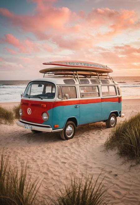 red and white Volkswagen bus parked on a beautiful sandy beach at sunset. Surfboards strapped to roof of Volkswagen. Nice beachy look. Very atmospheric. Sea grass, small sand dunes and nice greenish blue waves. distressed, vintage look. Gorgeous sunset.