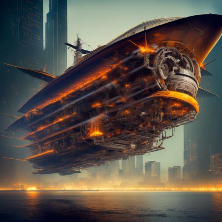 a (mechcd, shiny:1.2, glowing:1.2, glowing eyes, mechanical parts, cyberpunk, orange theme:1.3) (Kirov Airship:1.2), (solo:1.2), <lora:mechcd-000007:0.9>, no humans, high quality, masterpiece, realistic, photorealistic, (outdoors, full body, science fiction, cityscape, at night, dim light, raining),