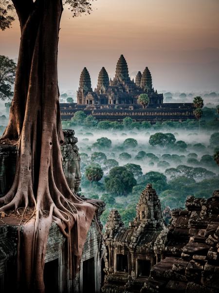langscape of angkorwat at dawn, monk, ruins, temple, statue, most, tree, root, stone, epic, dim light <lora:ARWangkorwat:1>, <lora:add_detail:0.5>