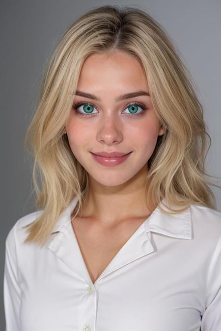 (face like emmatopdown),  body like goose_fit_girl,
blonde hair, athletic body,  eyecandy, desirable, 
(tiny breasts), beautiful green eyes, fit body,
 realistic,  
(wearing large buttonup shirt ),
nervous, tiny smile, 
 (facial), mouth closed
