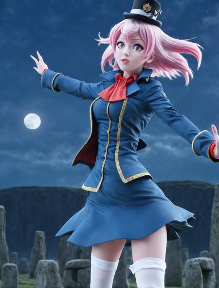 masterpiece, best quality, ultra-detailed, wide angle, wide shot, full body, stonehenge, night, full moon, a secret society of time travelers, emullh, 1girl, pink hair, short hair, blue jacket, top hat, long sleeves, white thighhighs, red eyes, looking at viewer, (8k, masterpiece, best quality, ultra-detailed), cinematic lighting, Intricate, High Detail, Sharp focus, dramatic <lora:emullh_xl_01:1>