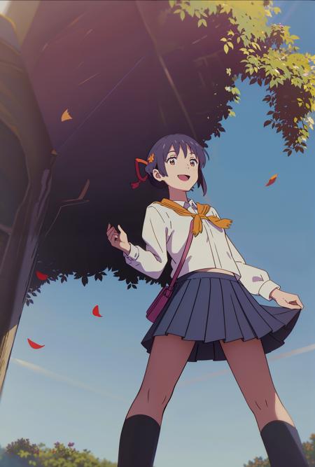 <lora:miyamizu_mitsuha:0.75>,miyamizu_mitsuha,(full body),(smile),yellow school uniform, white shirt, black school skirt, outdoors,(light rays:1.2),(sun:1.2),(blue sky:1.1), park,flowers,lawn,trees,from below,