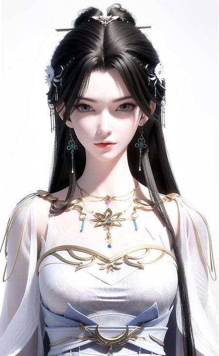 qingyi, jewelry, hair ornament, long hair, black hair, necklace, facial mark, forehead mark, dress, white dress, hair bun, chinese clothes, hair flower